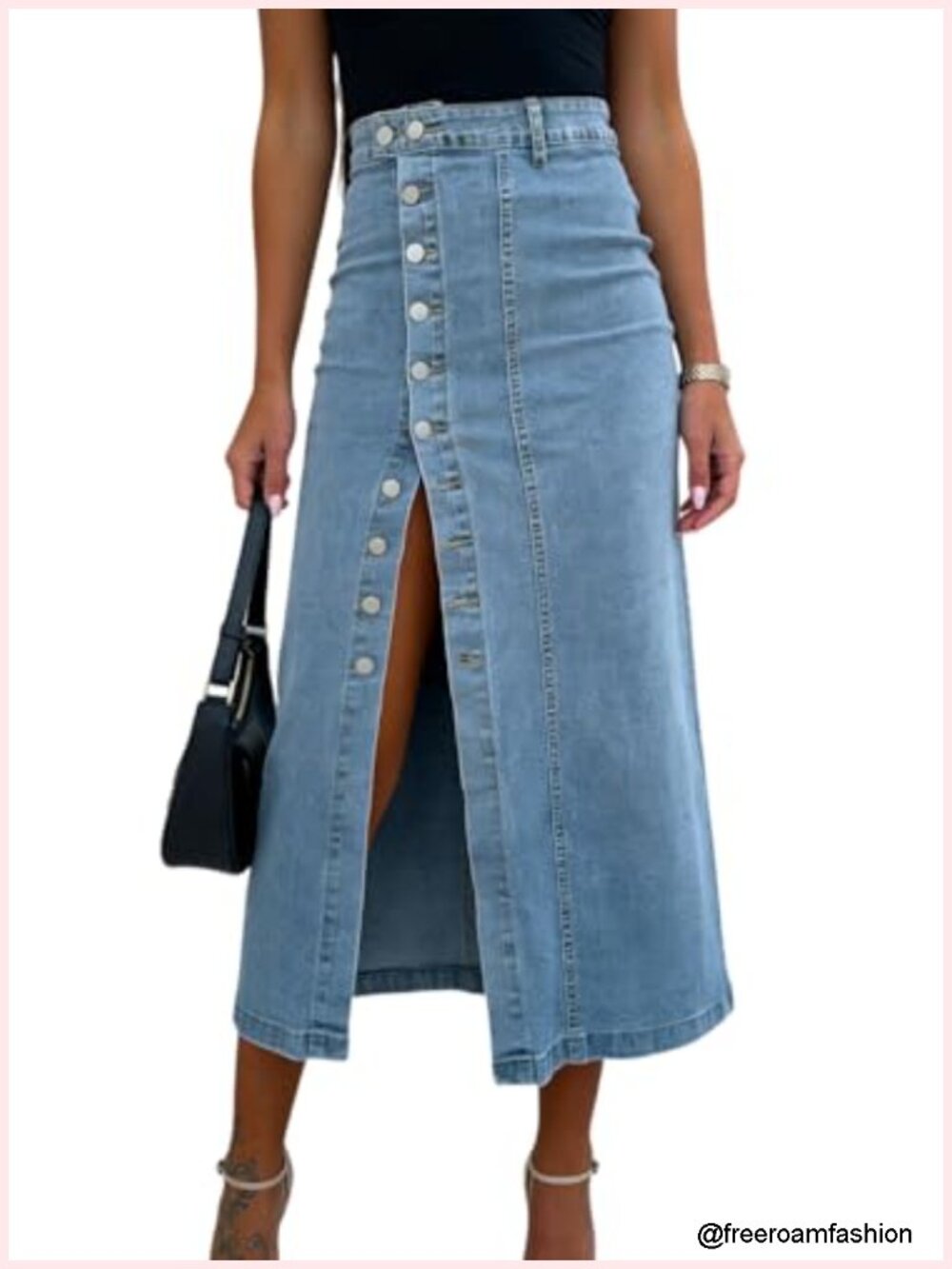 Women's High Waisted Mid Calf Denim Skirt with Side Slit Stretchy